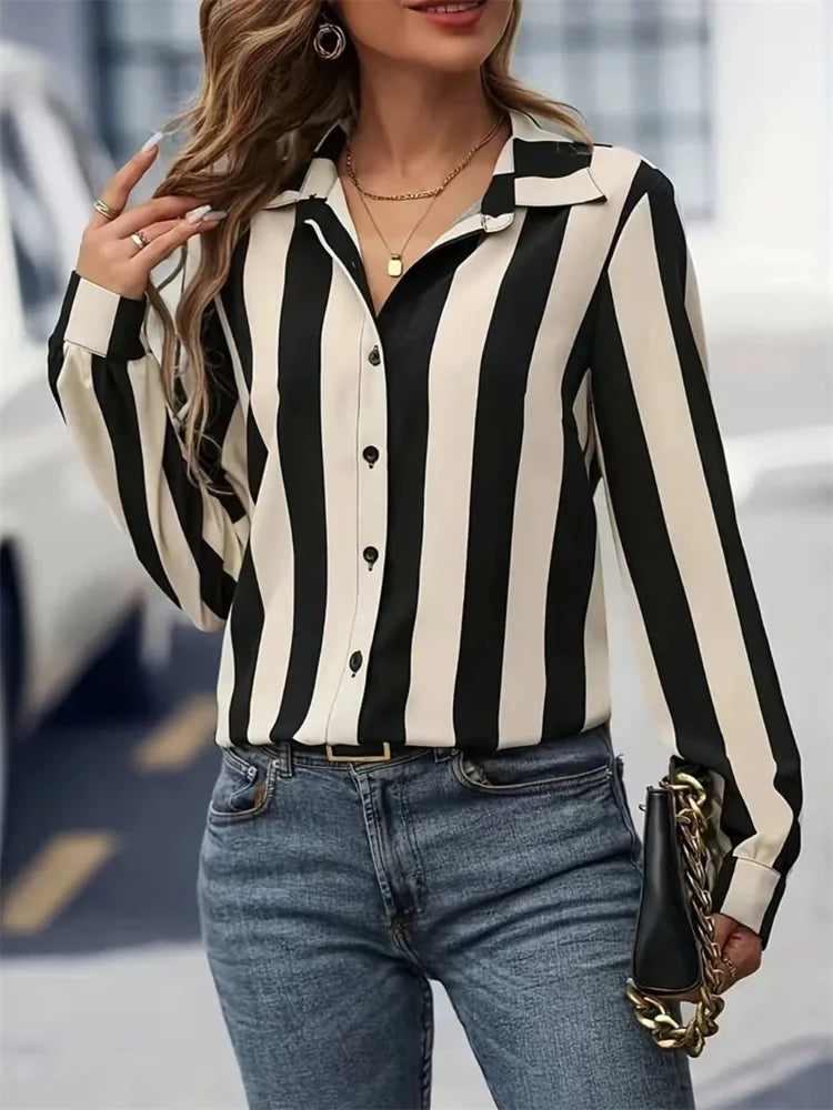 Sleek Black & White Stripe Work Top Shirt Blouses | Chuzko.com