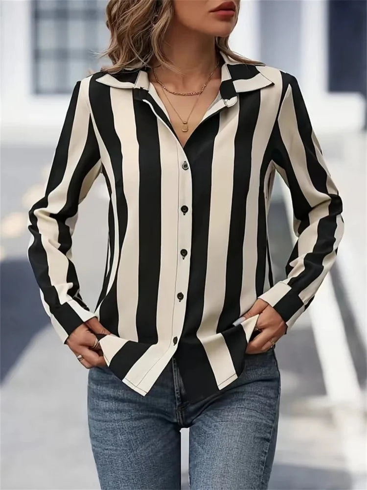 Sleek Black & White Stripe Work Top Shirt Blouses | Chuzko.com