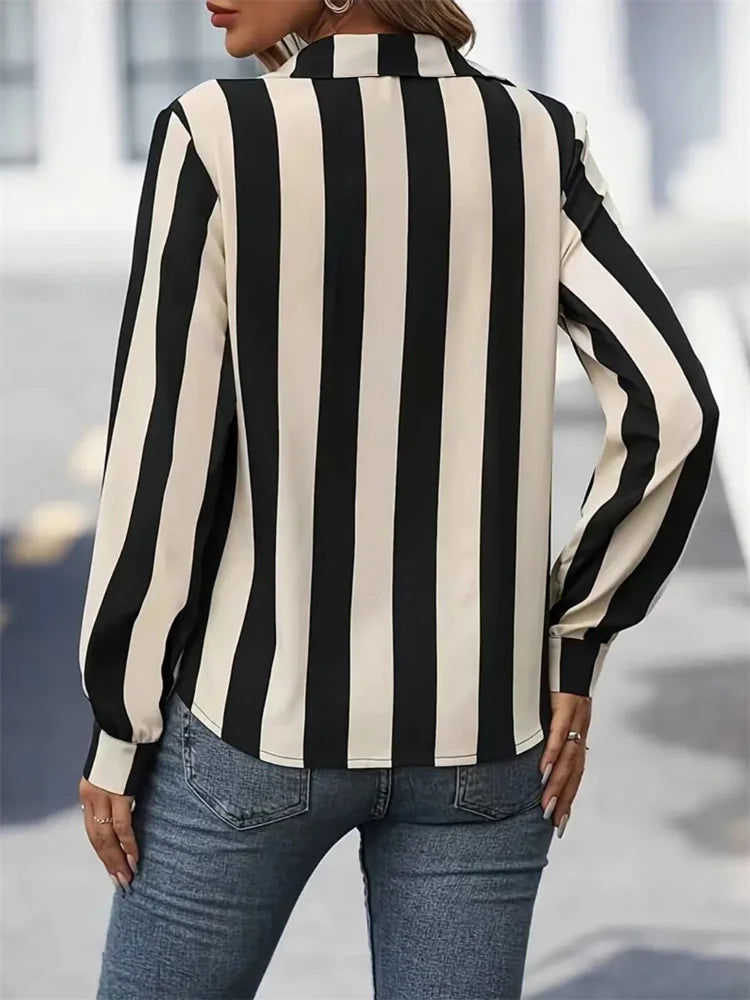 Sleek Black & White Stripe Work Top Shirt Blouses | Chuzko.com