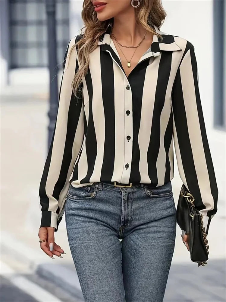 Sleek Black & White Stripe Work Top Shirt Blouses | Chuzko.com