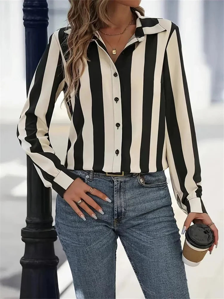 Sleek Black & White Stripe Work Top Shirt Blouses | Chuzko.com