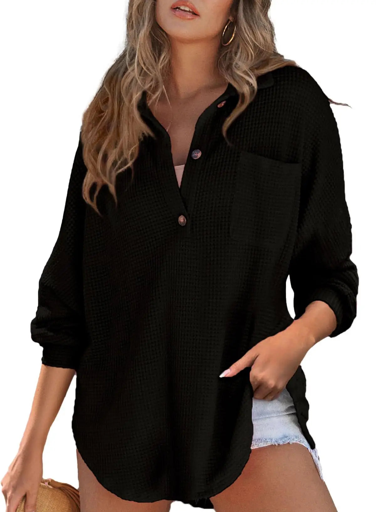 Textured Waffle Oversized Blouse Loungewear Tops | Chuzko.com