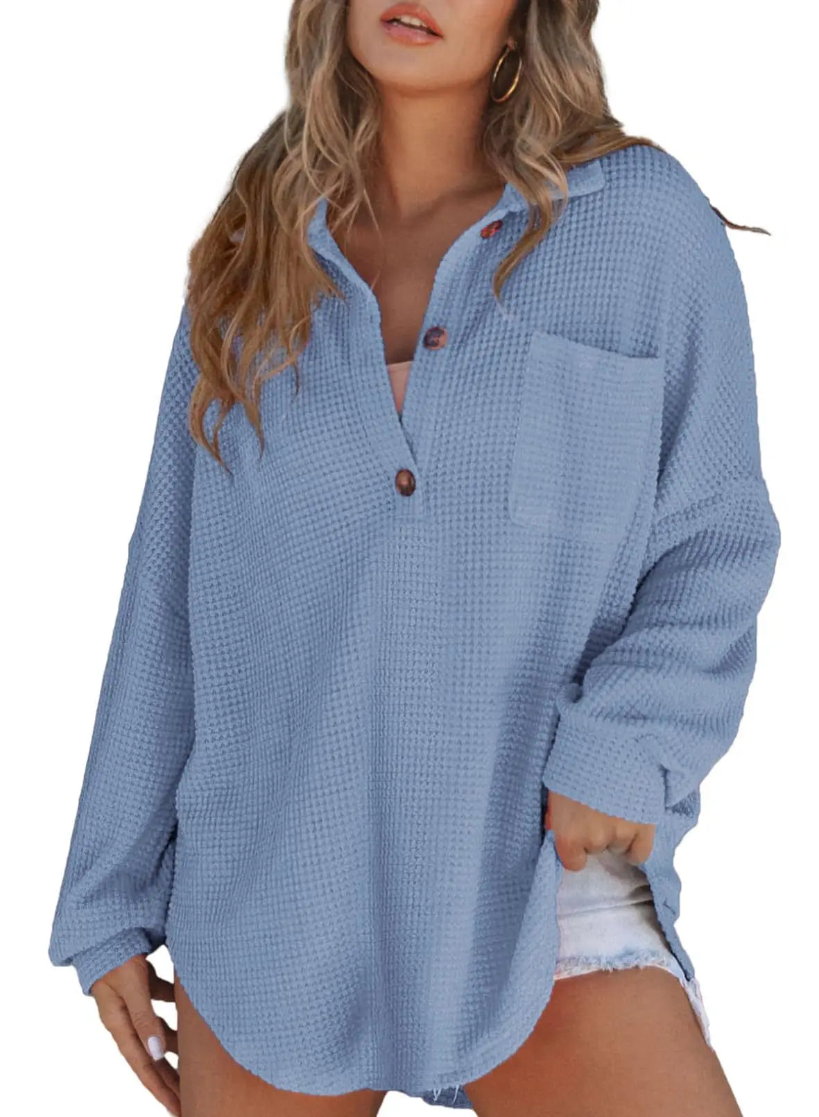 Textured Waffle Oversized Blouse Loungewear Tops | Chuzko.com