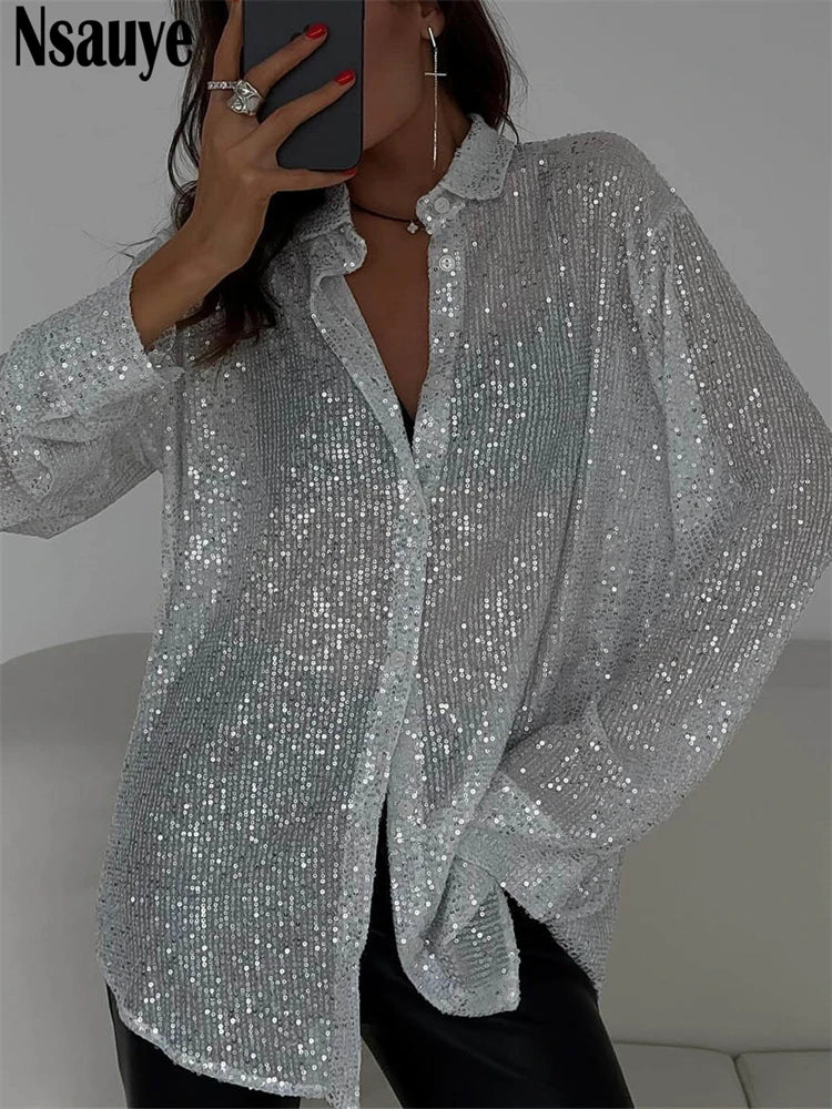 Midnight Shimmer Sheer Top Sequined Tops | Chuzko.com