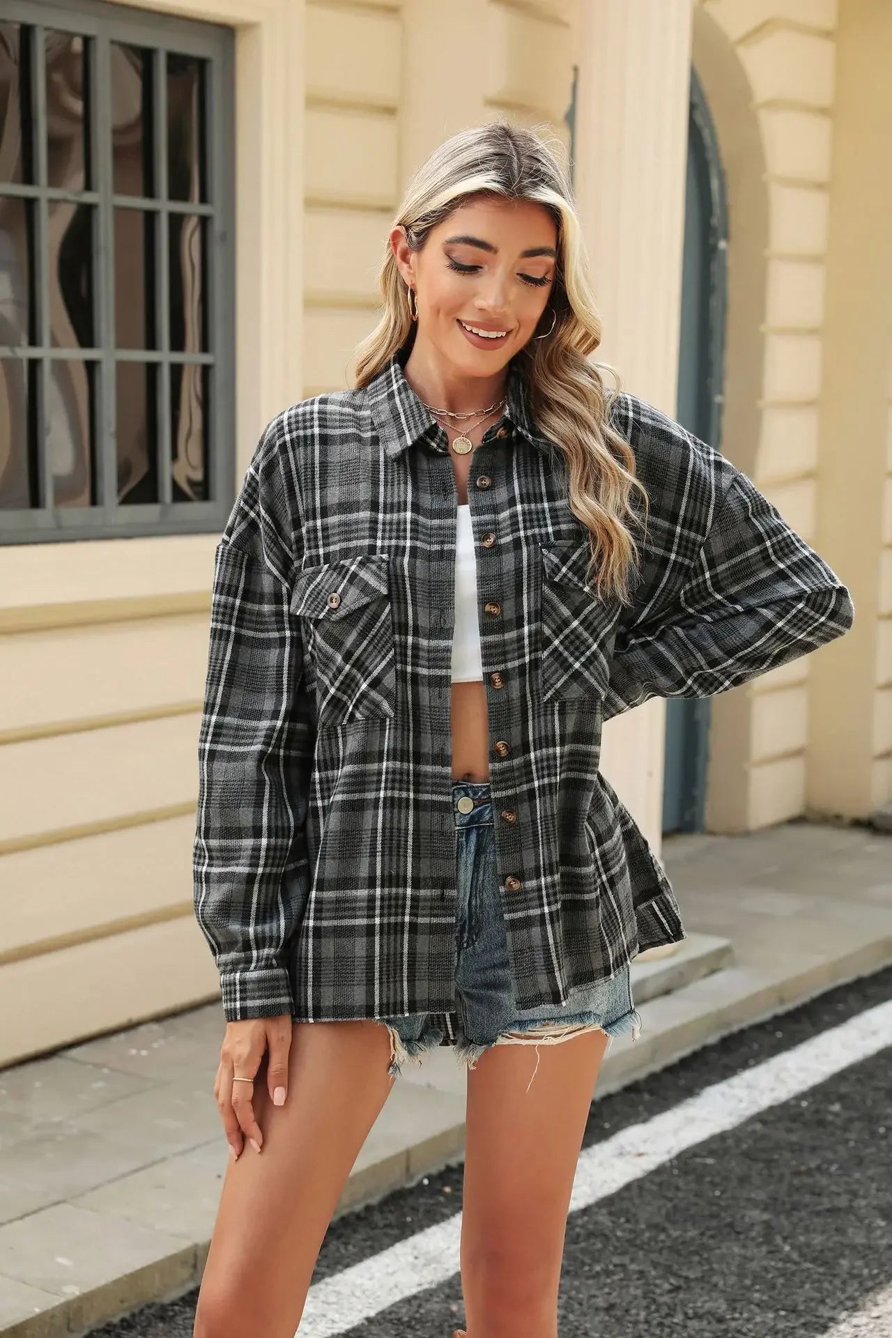 Laid-back Layers Plaid Shacket Women Shackets | Chuzko.com