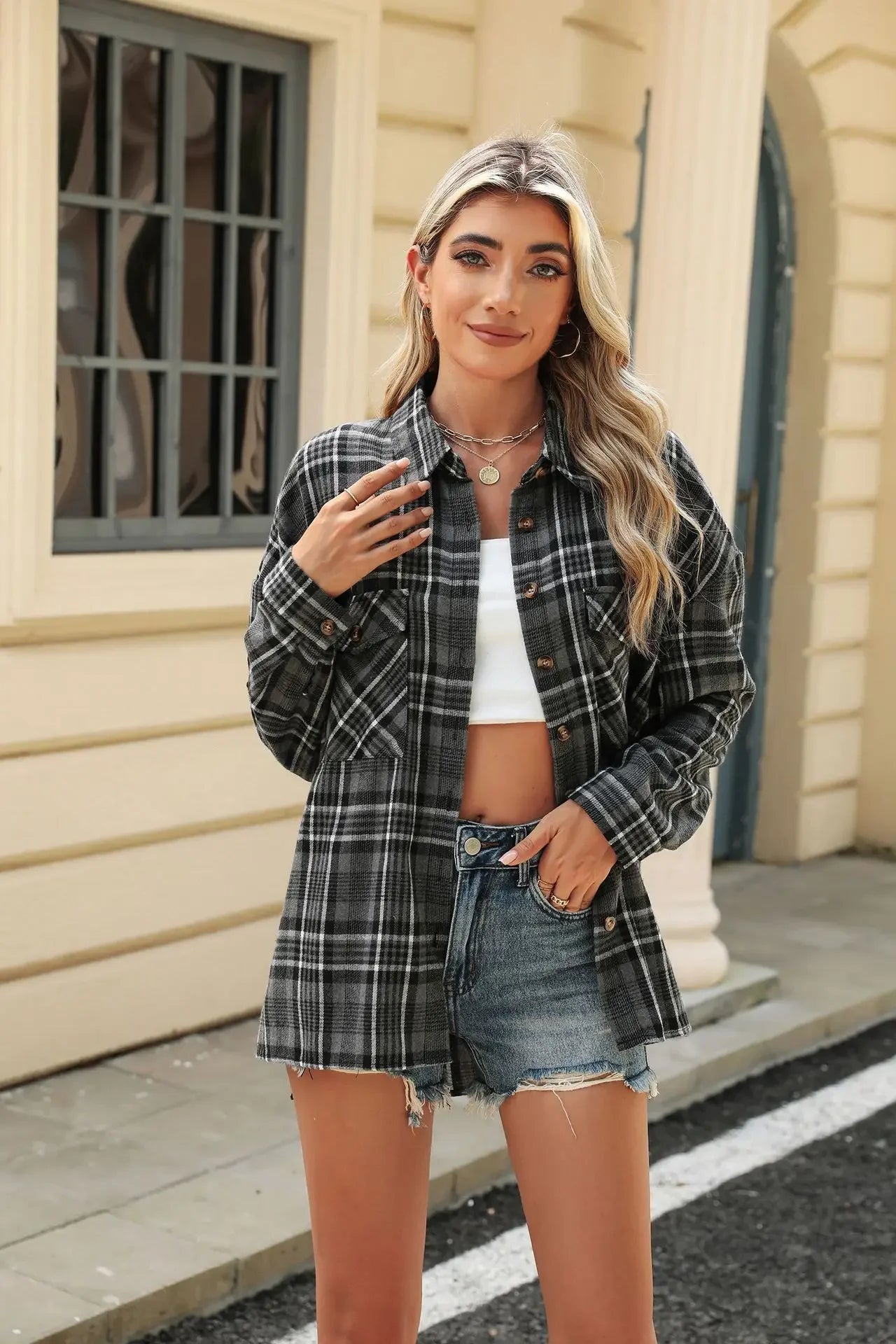 Laid-back Layers Plaid Shacket Women Shackets | Chuzko.com