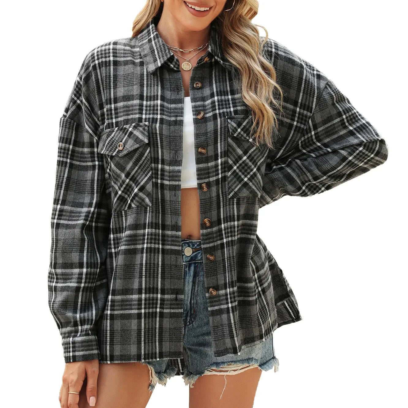 Laid-back Layers Plaid Shacket Women Shackets | Chuzko.com