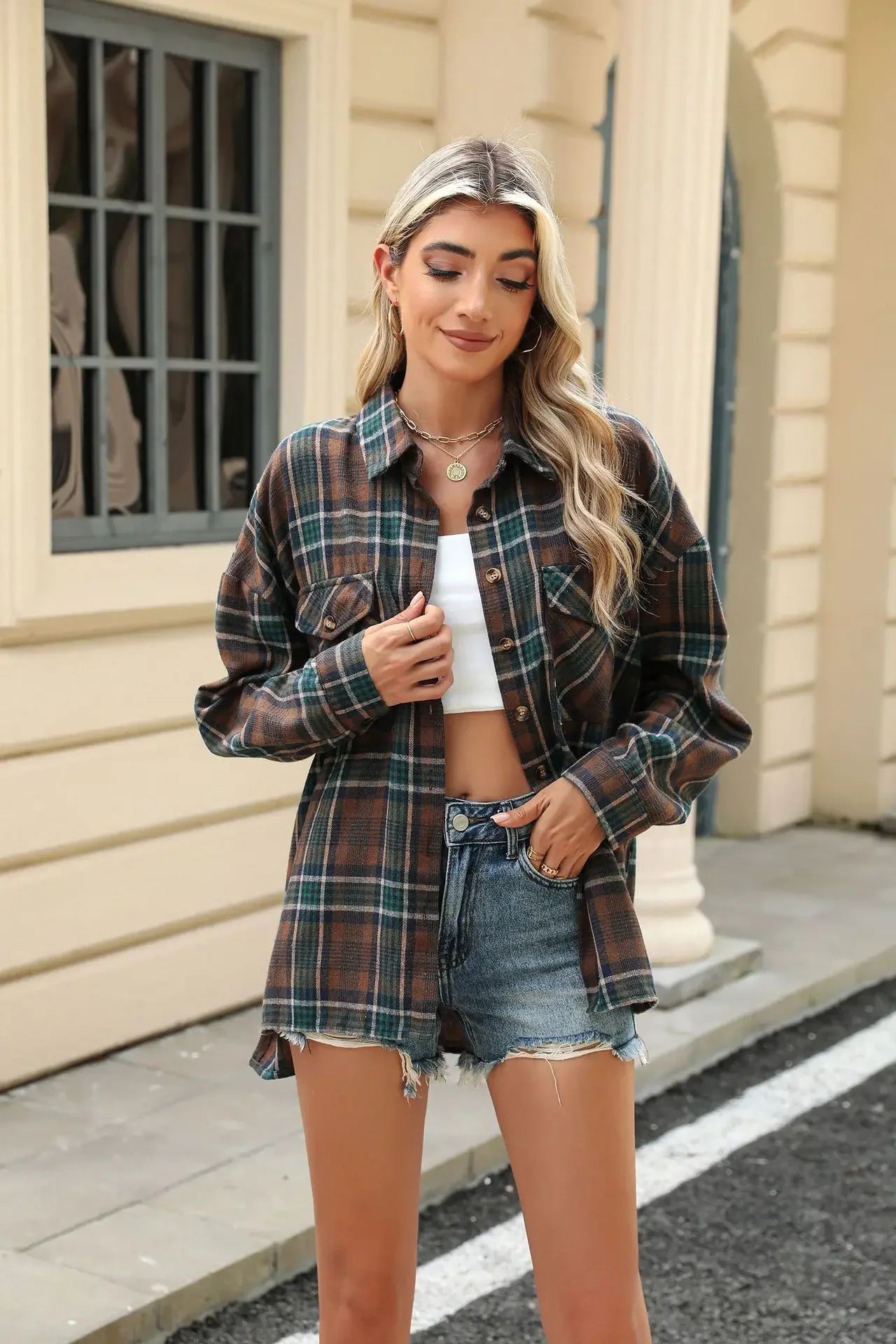 Laid-back Layers Plaid Shacket Women Shackets | Chuzko.com