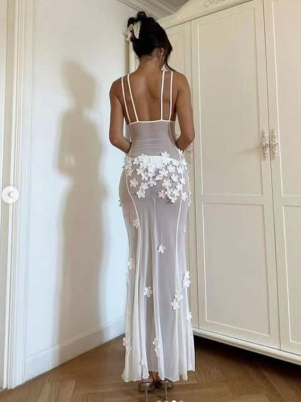 Summer Wedding Elegance V-Neck See-Through Maxi Dress Vacation | Chuzko.com