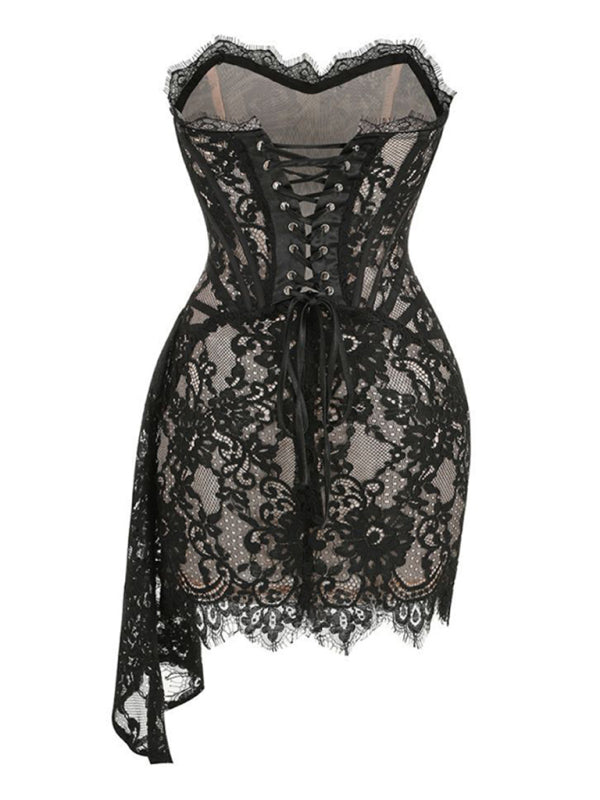 Elegant Evening Lace Corset Mini Dress with Draped Tail Elegant | Chuzko.com