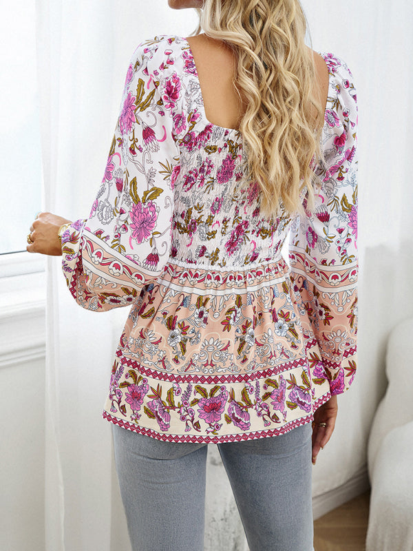 Autumn Floral Balloon Sleeve Top - Square Neck Smocked Blouse | Chuzko.com