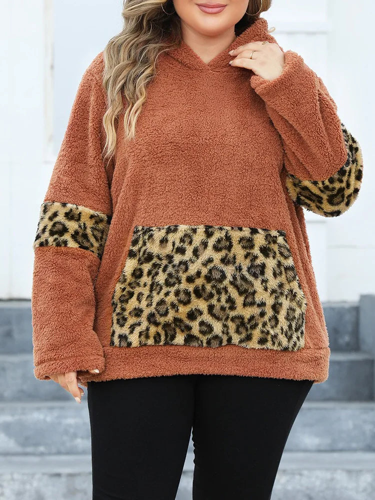 Plus-Size Furry Hoodie with Animal Print Highlights	