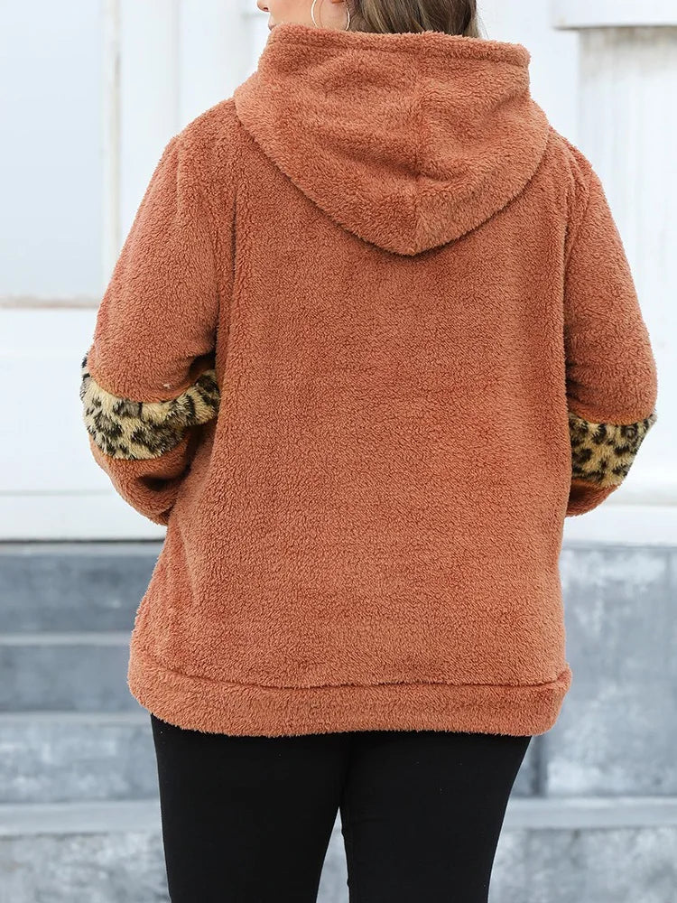 Plus-Size Furry Hoodie with Animal Print Highlights Plus Size | Chuzko.com