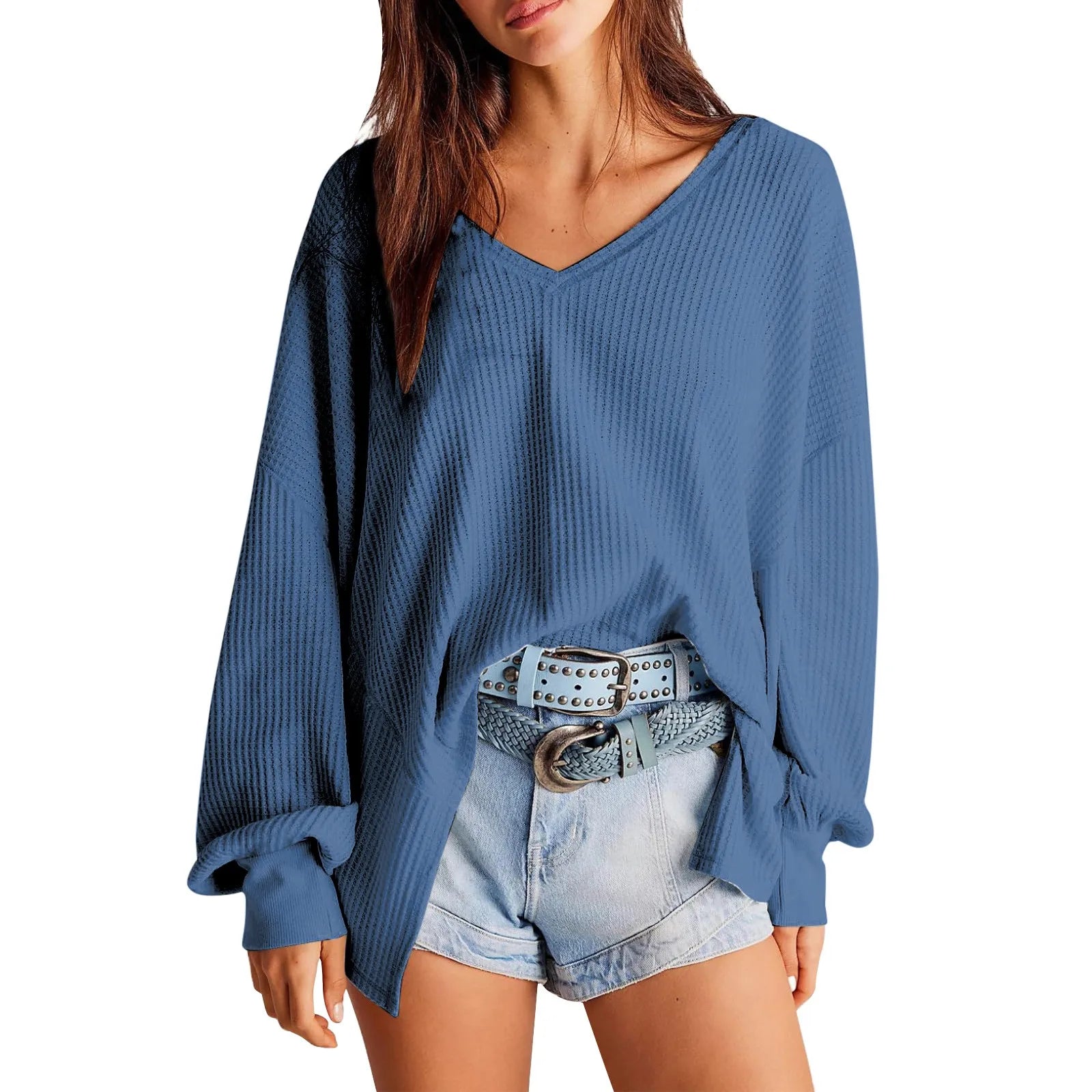 Slouchy Waffle Textured Knit for Relaxed Days Pullover Blouses | Chuzko.com