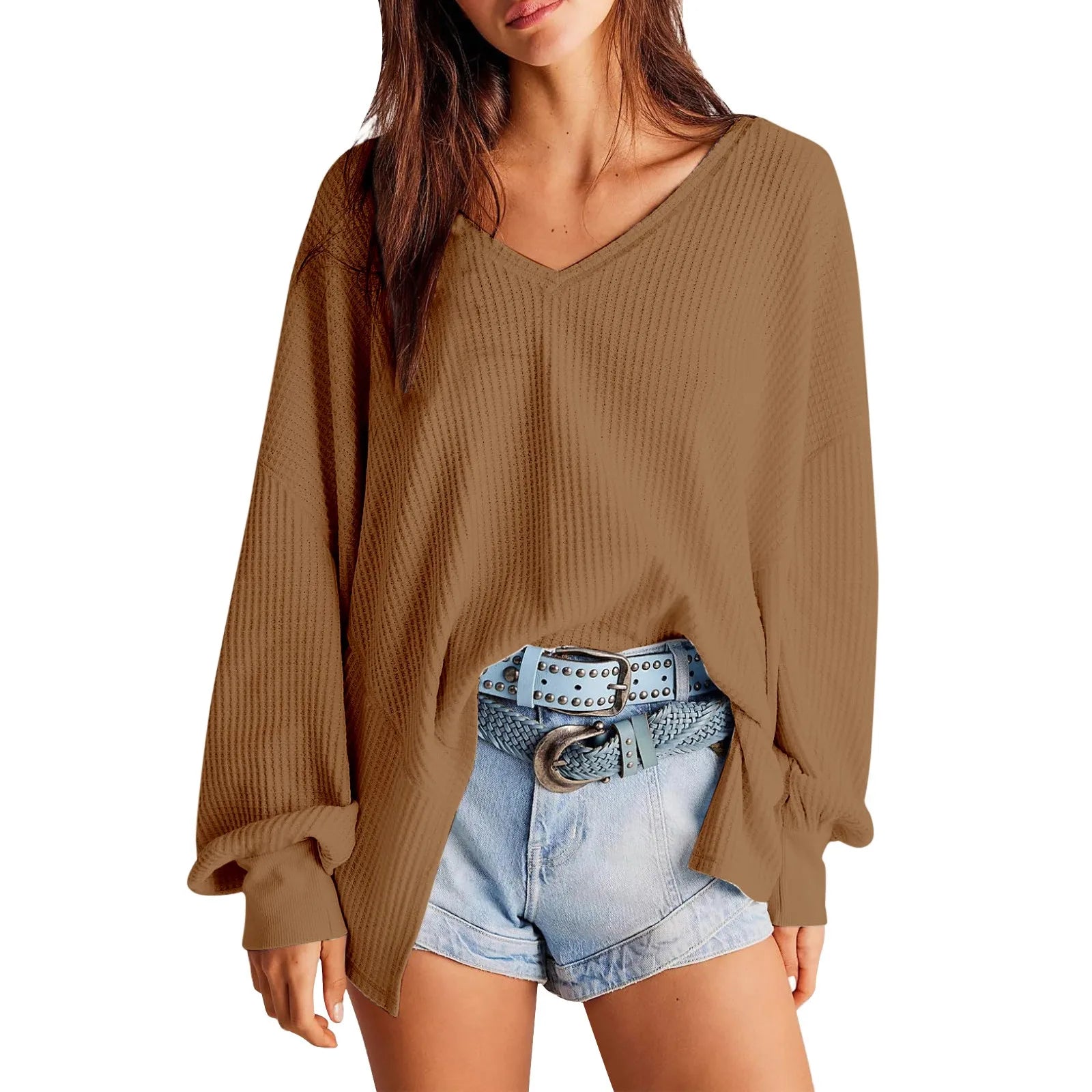 Slouchy Waffle Textured Knit for Relaxed Days Pullover Blouses | Chuzko.com