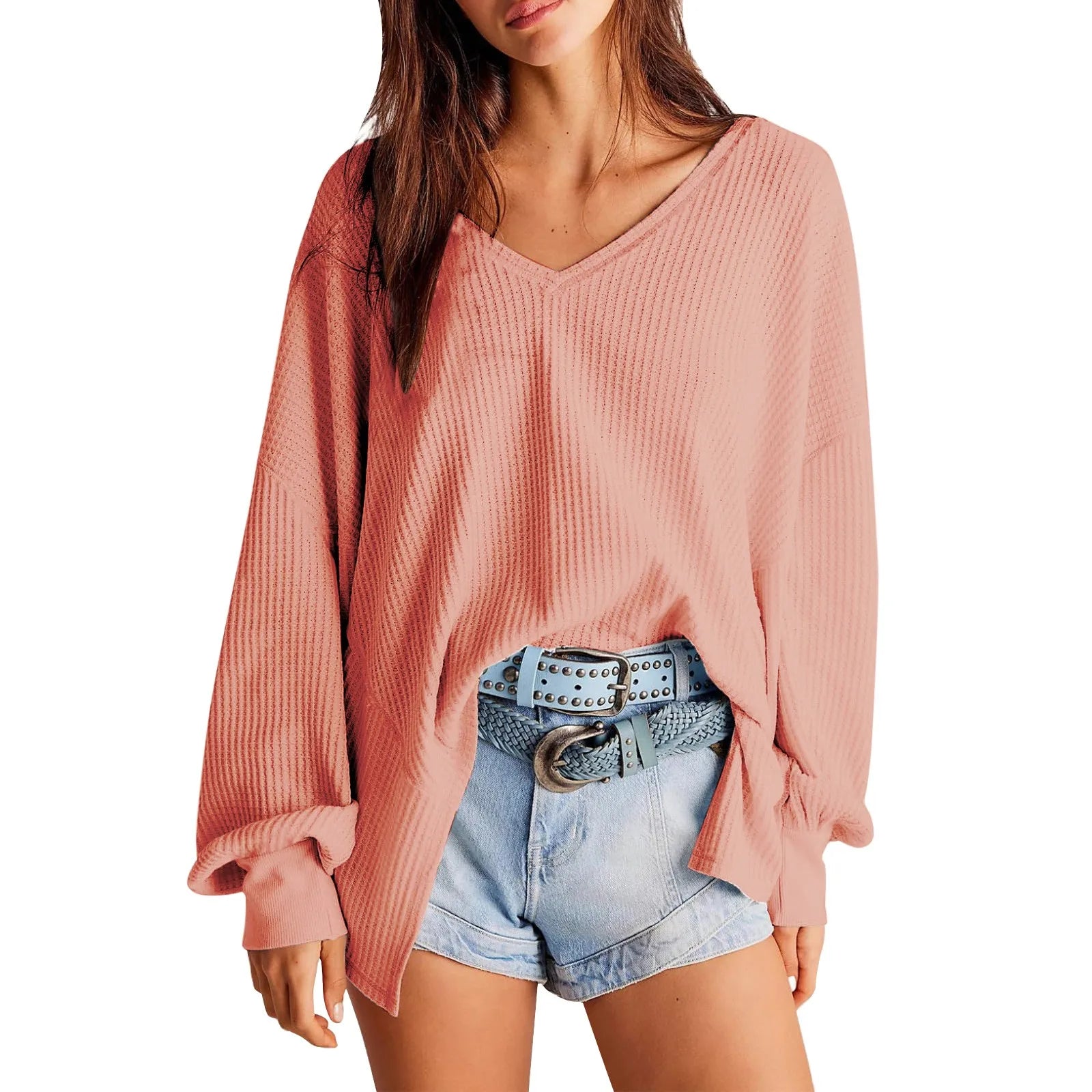 Slouchy Waffle Textured Knit for Relaxed Days Pullover Blouses | Chuzko.com