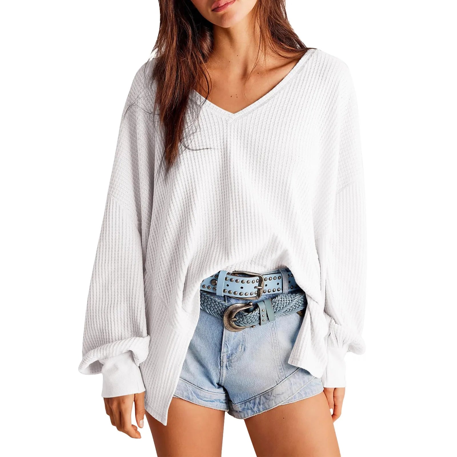 Slouchy Waffle Textured Knit for Relaxed Days Pullover Blouses | Chuzko.com