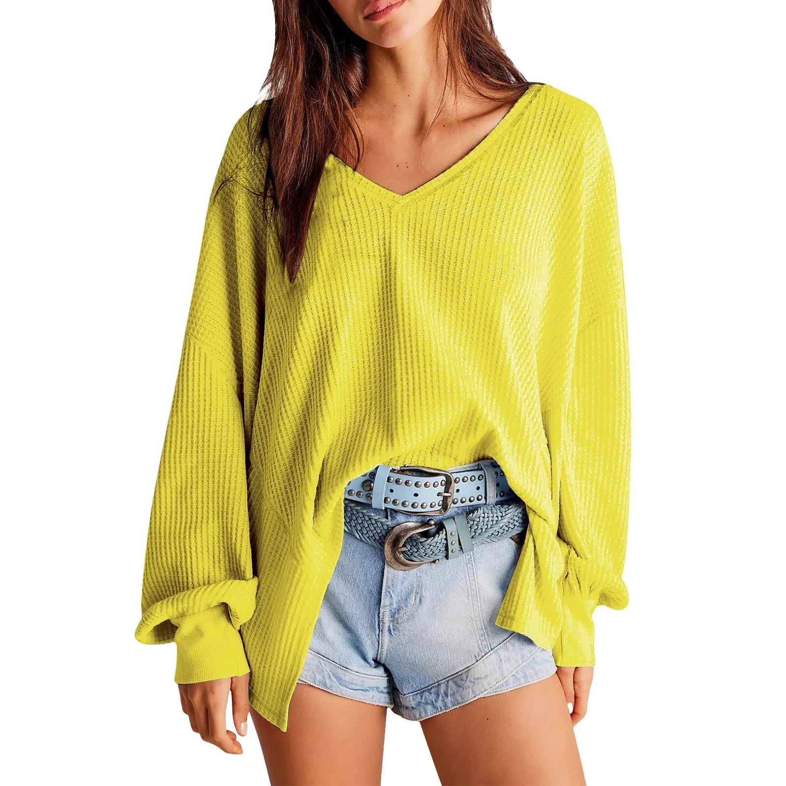 Slouchy Waffle Textured Knit for Relaxed Days Pullover Blouses | Chuzko.com