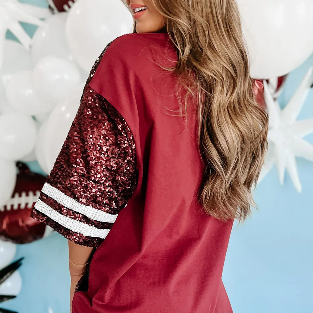 Festive &amp; Holiday Glam Sequin Football &amp; Christmas Tee Festive | Chuzko.com