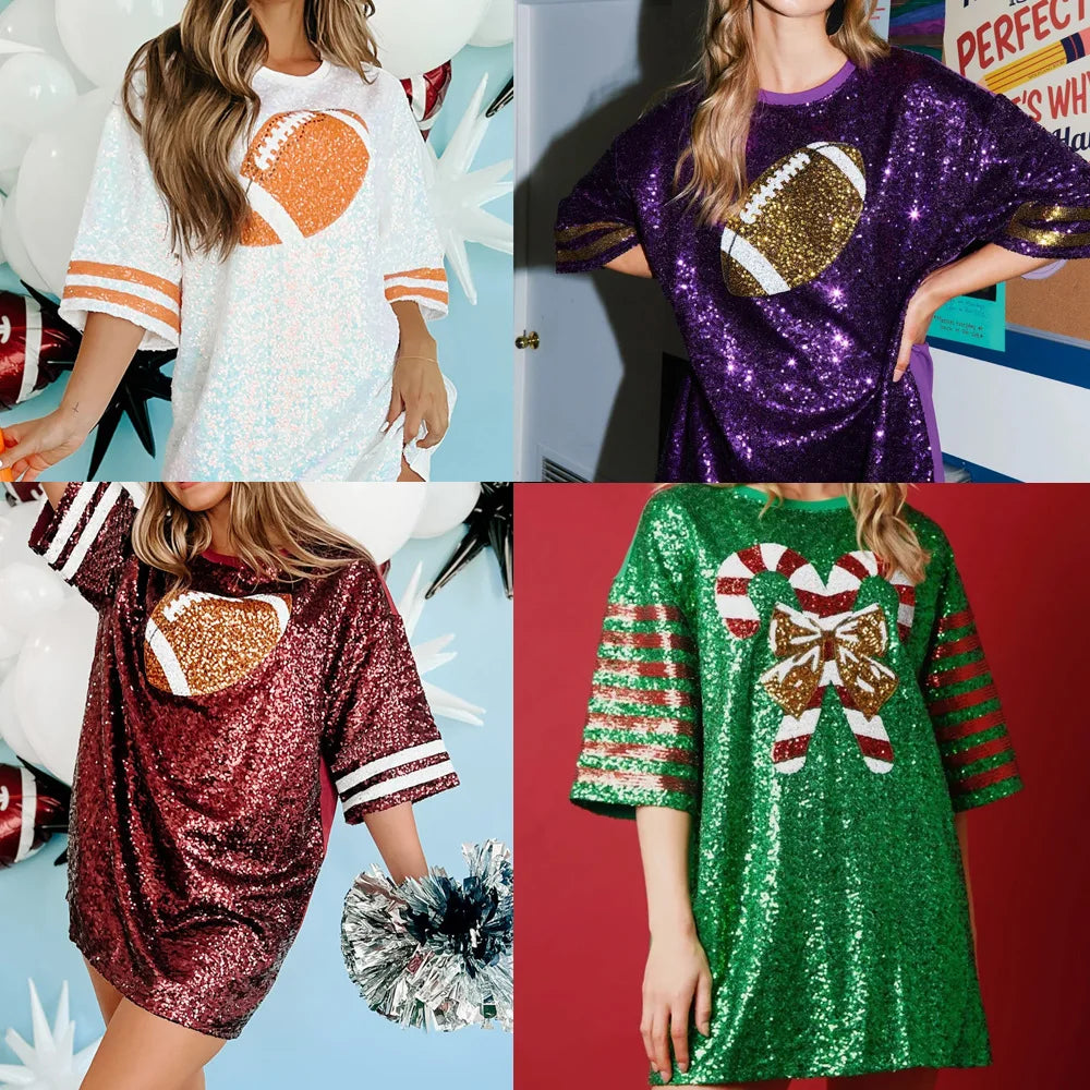 Festive &amp; Holiday Glam Sequin Football &amp; Christmas Tee Festive | Chuzko.com