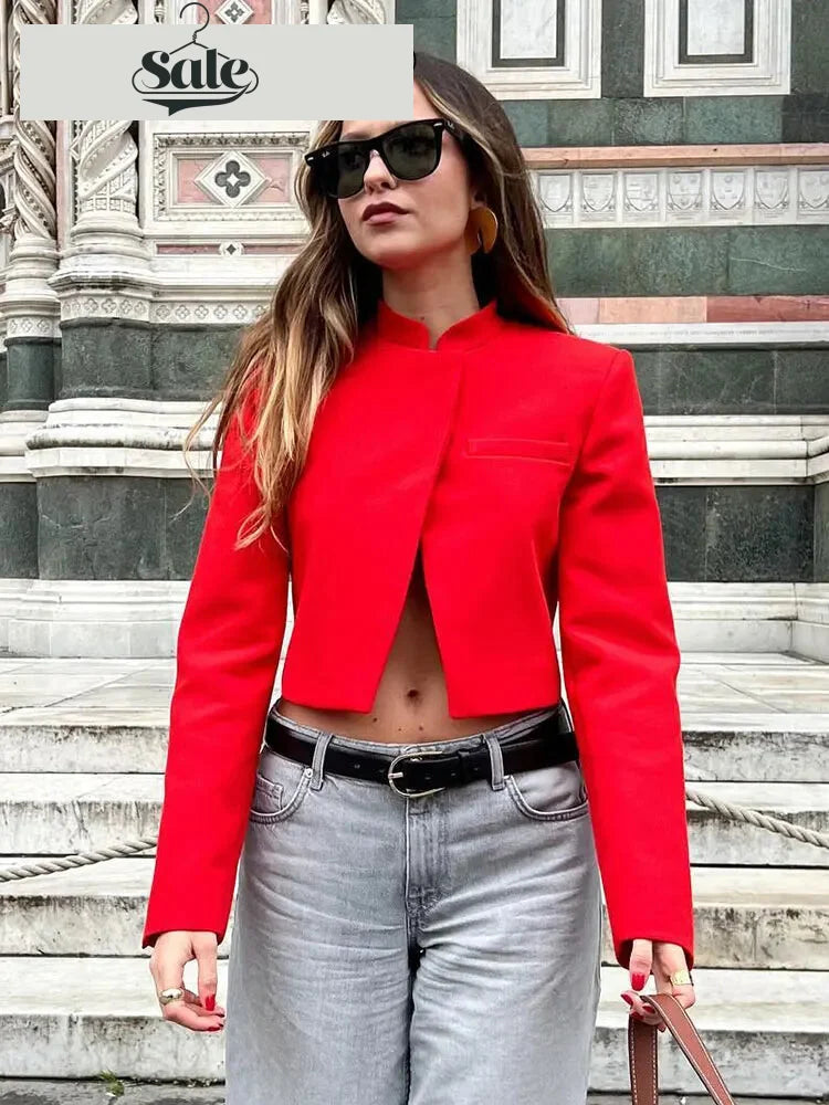 High-Neck Red Cropped Blazer – Tailored Women’s Jacket Women | Chuzko.com