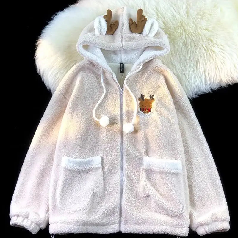 Unisex Reindeer Fleece Hoodie with Fun Antler Hood Festive Zip Up | Chuzko.com