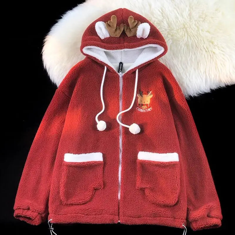 Unisex Reindeer Fleece Hoodie with Fun Antler Hood	