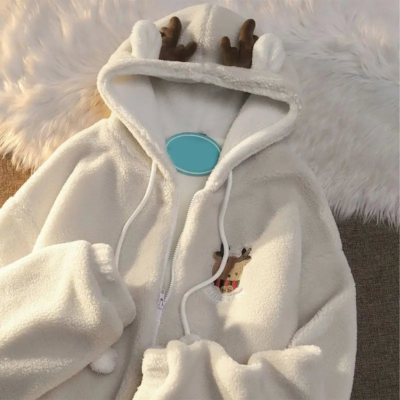 Unisex Reindeer Fleece Hoodie with Fun Antler Hood Festive Zip Up | Chuzko.com