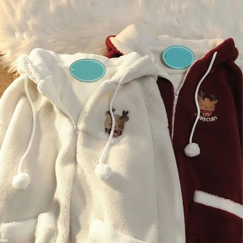 Unisex Reindeer Fleece Hoodie with Fun Antler Hood Festive Zip Up | Chuzko.com