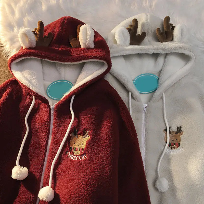 Unisex Reindeer Fleece Hoodie with Fun Antler Hood Festive Zip Up | Chuzko.com