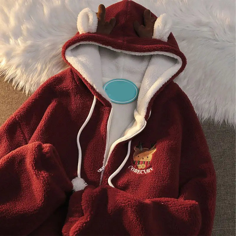 Unisex Reindeer Fleece Hoodie with Fun Antler Hood Festive Zip Up | Chuzko.com