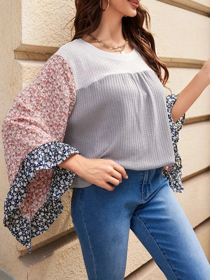 Chic Bell Sleeve Waffle Blouse in Plus Sizes Plus Size Blouses | Chuzko.com