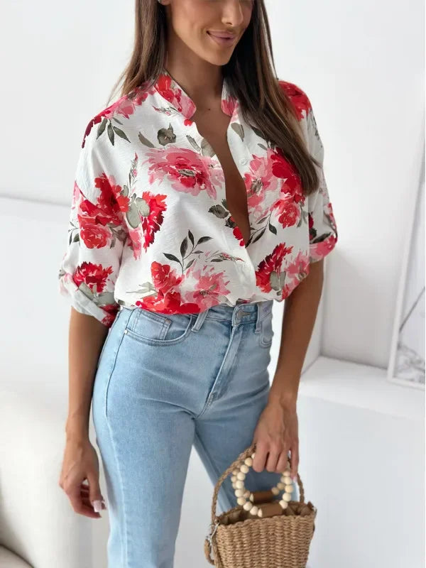 Vibrant Floral Print Casual Blouse Blouses | Chuzko.com