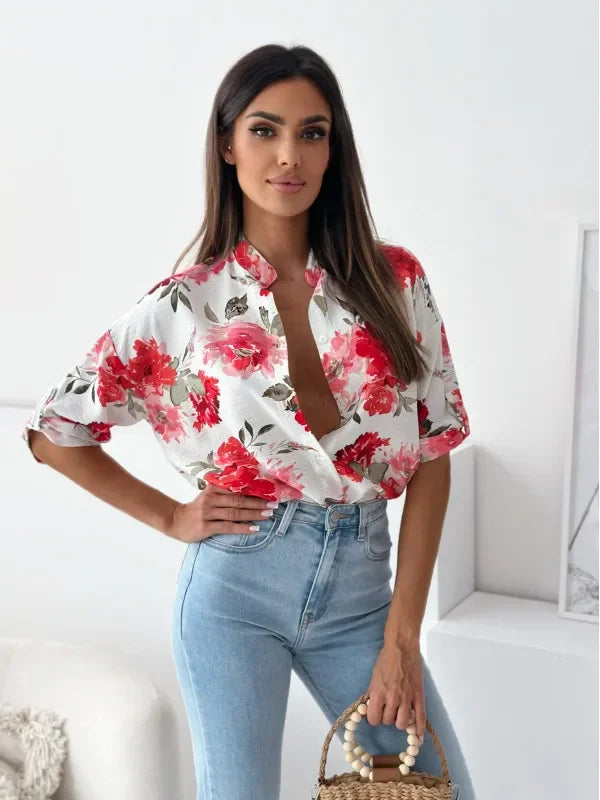 Vibrant Floral Print Casual Blouse Blouses | Chuzko.com