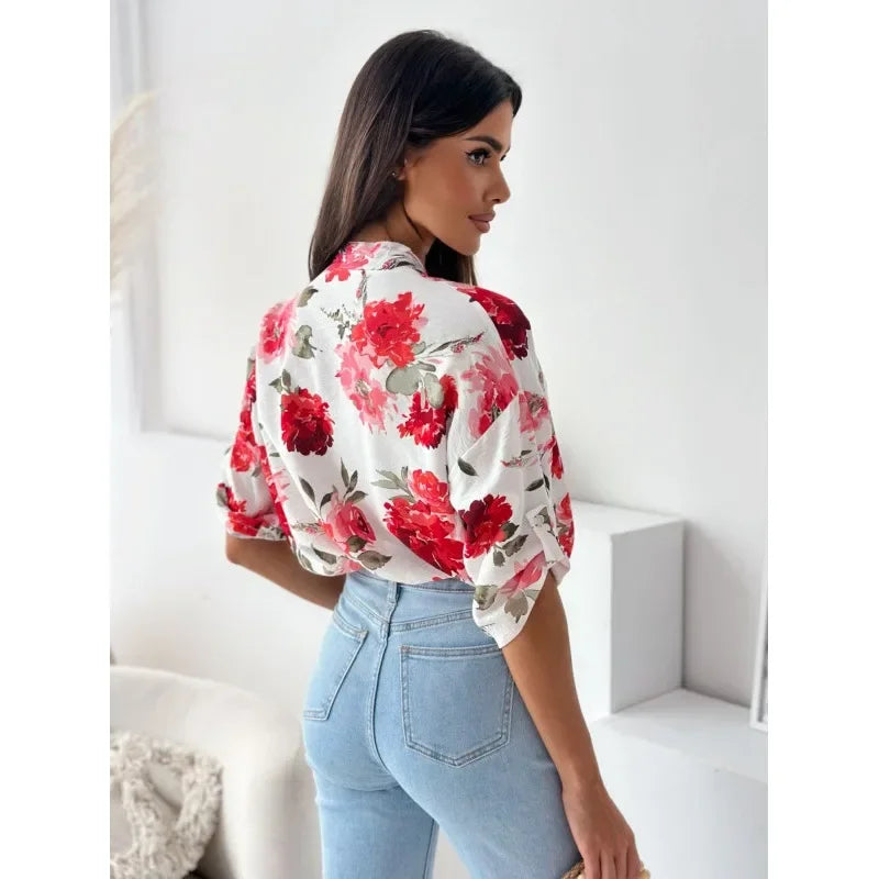 Vibrant Floral Print Casual Blouse Blouses | Chuzko.com