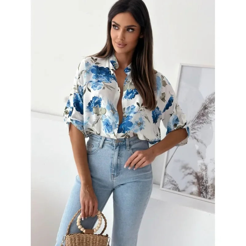 Vibrant Floral Print Casual Blouse Blouses | Chuzko.com