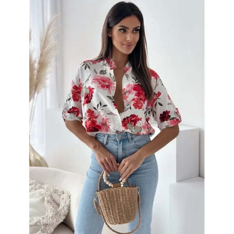 Vibrant Floral Print Casual Blouse	