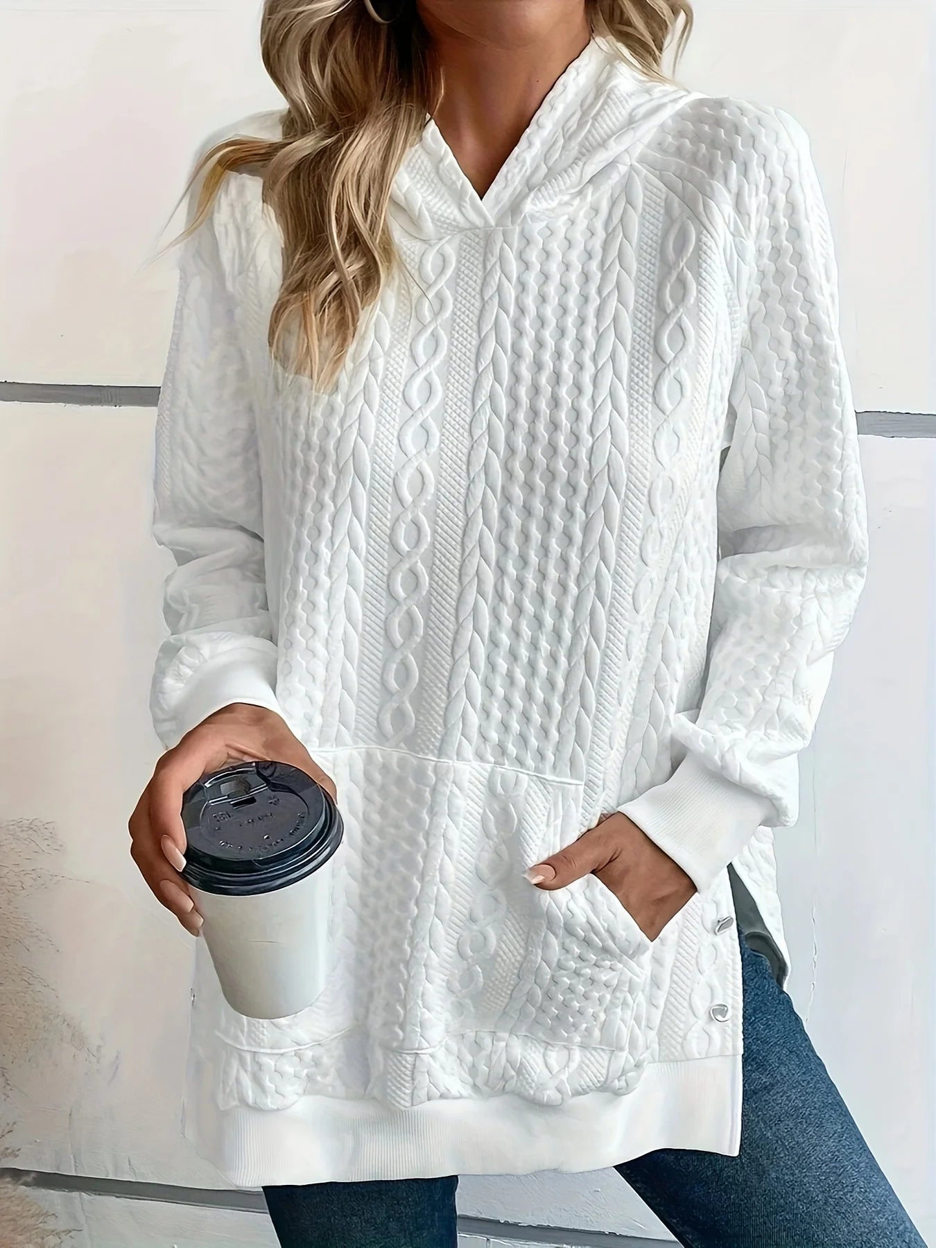 Chic Textured Pullover Hoodie for Curvy Women + Side Slits Plus | Chuzko.com