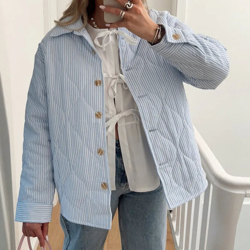 Casual Striped Comforter Coat Quilted Jackets | Chuzko.com