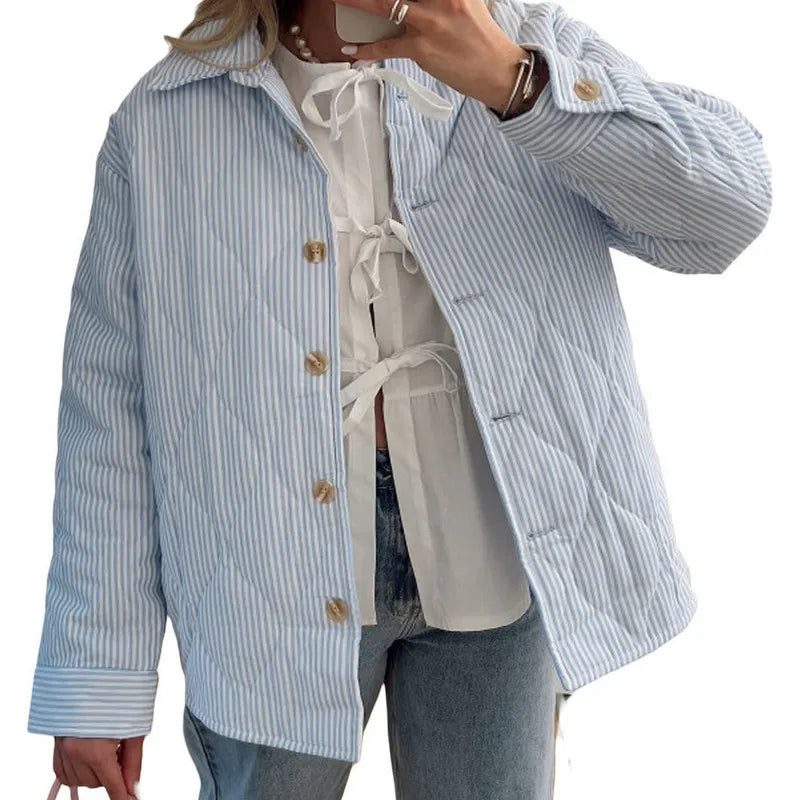 Casual Striped Comforter Coat Quilted Jackets | Chuzko.com