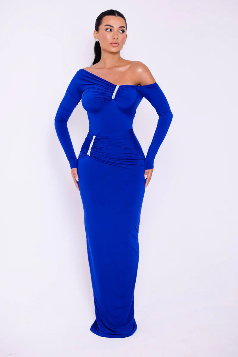 Glam Crystal Ruched Off-Shoulder Maxi Dress Maxi Dresses | Chuzko.com