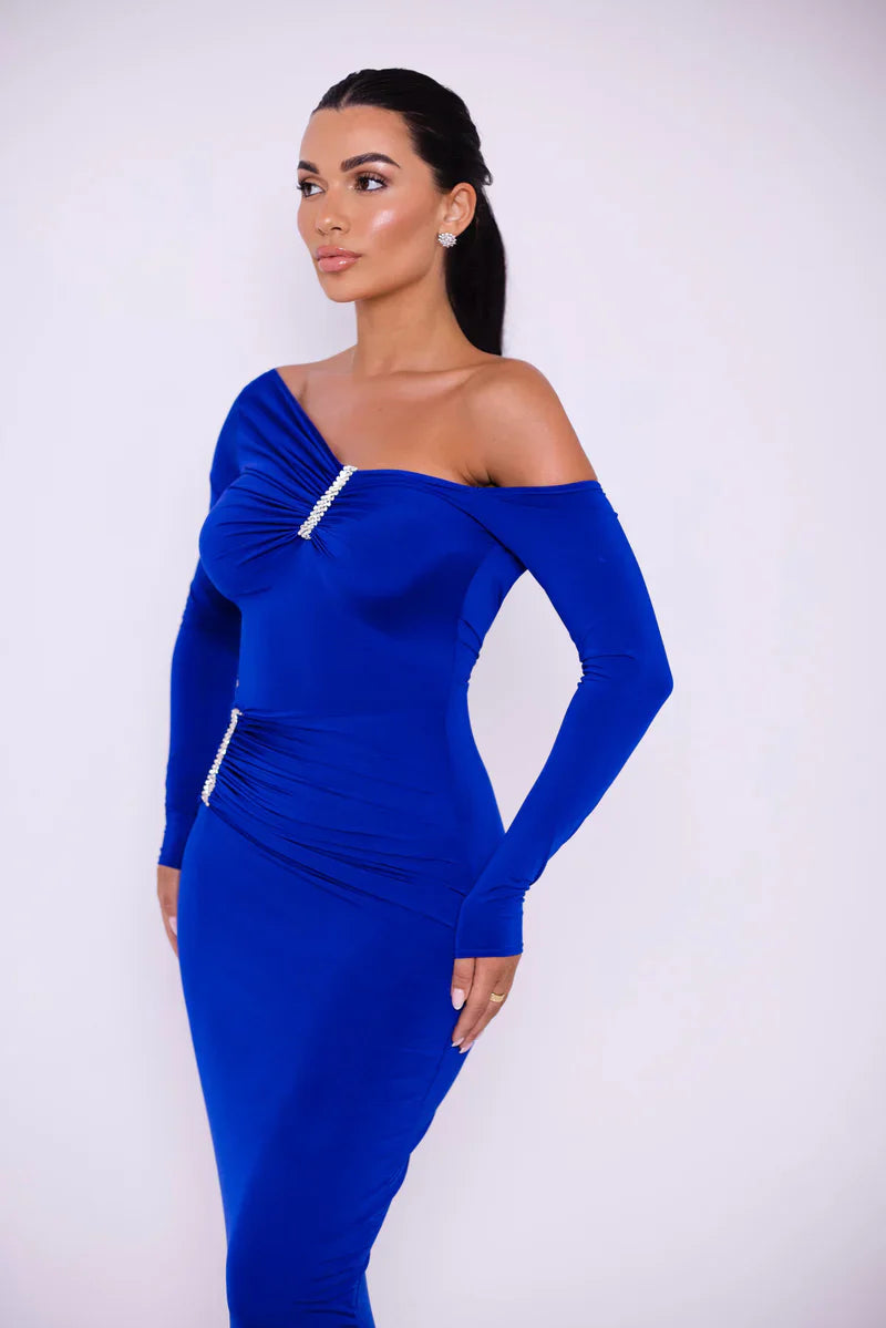 Glam Crystal Ruched Off-Shoulder Maxi Dress Maxi Dresses | Chuzko.com