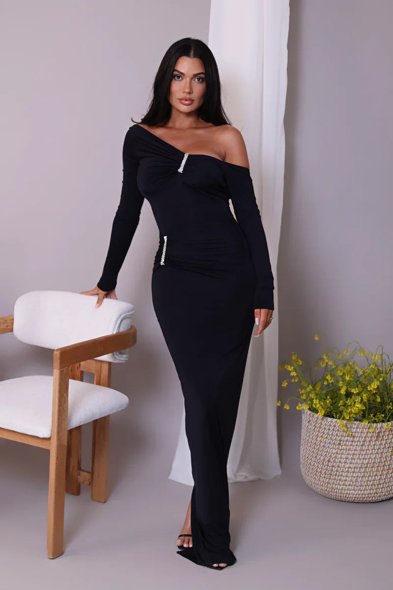 Glam Crystal Ruched Off-Shoulder Maxi Dress Maxi Dresses | Chuzko.com