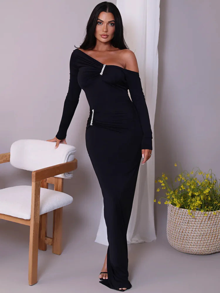 Glam Crystal Ruched Off-Shoulder Maxi Dress Maxi Dresses | Chuzko.com