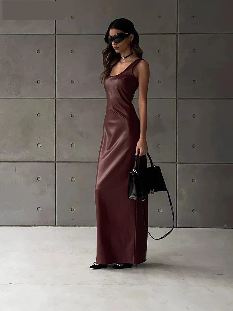 Faux Leather Evening Maxi Dress – Perfect for Fall Parties Maxi | Chuzko.com