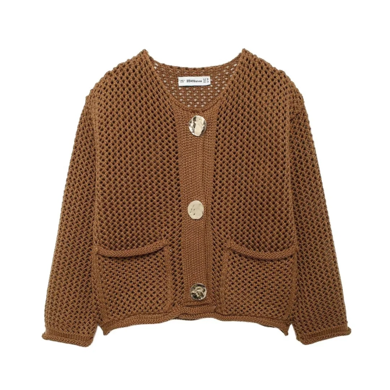 Golden Button Cardigan Oversized Hollow-Knit Sweater Cardigans | Chuzko.com