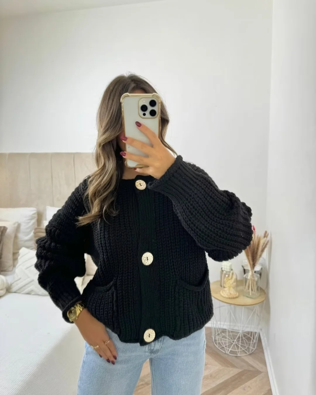 Golden Button Cardigan Oversized Hollow-Knit Sweater Cardigans | Chuzko.com