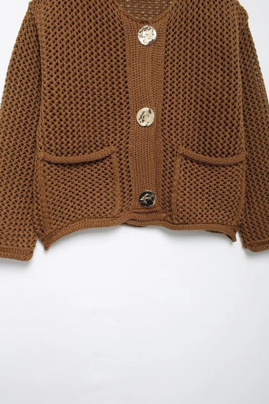 Golden Button Cardigan Oversized Hollow-Knit Sweater Cardigans | Chuzko.com