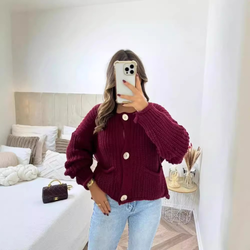 Golden Button Cardigan Oversized Hollow-Knit Sweater Cardigans | Chuzko.com