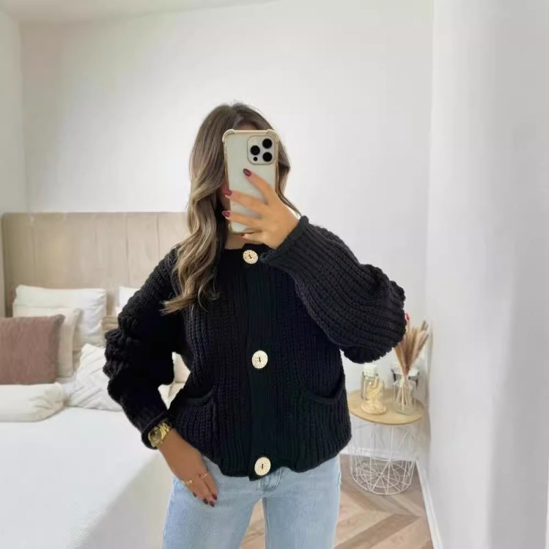 Golden Button Cardigan Oversized Hollow-Knit Sweater Cardigans | Chuzko.com